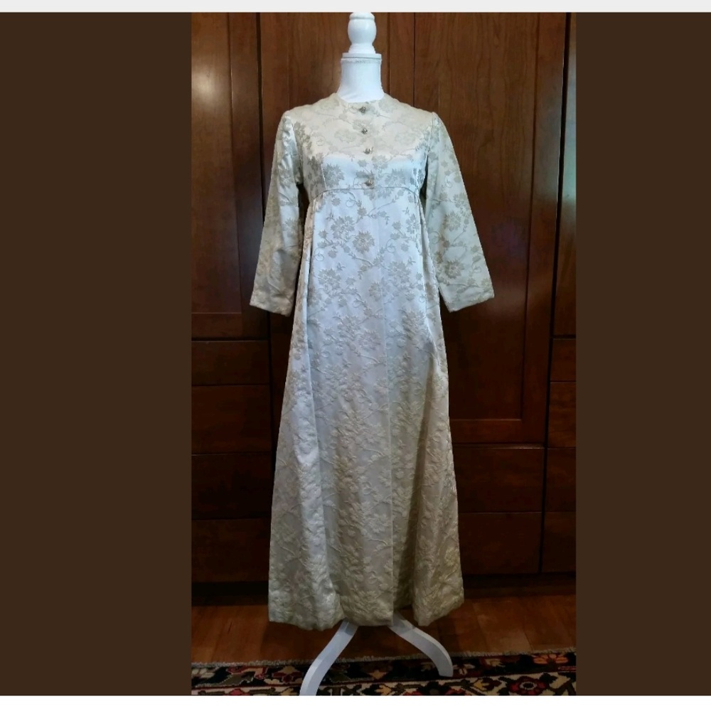 Taupe Floral Brocade Duster Maxi Evening Coat